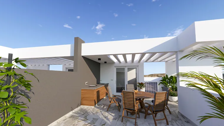 Roof veranda with outdoor kitchen and dining table