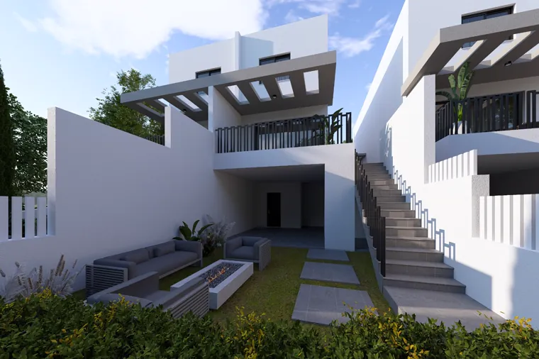 A Nestio 19 courtyard garden with seating, fire pit and the outside stair